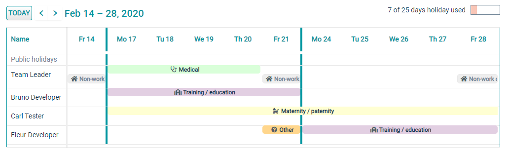 fflow calendar showing absence bookings