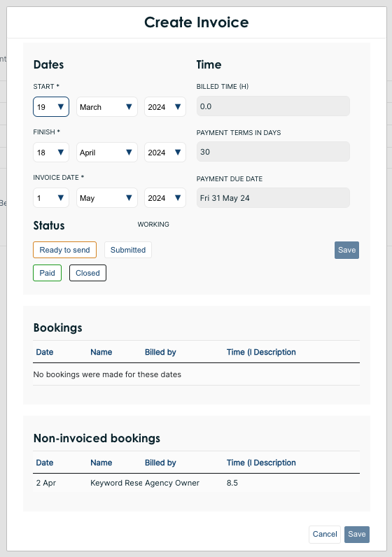 Invoice form showing start and end dates, booked time that will be included and that will be excluded, and status buttons.